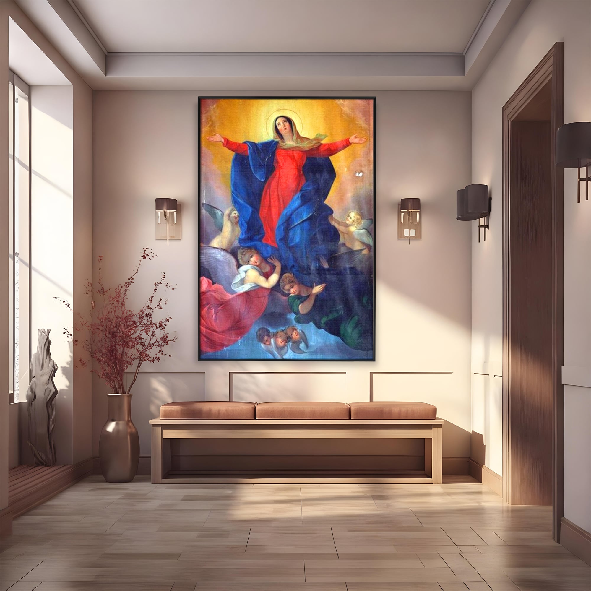 Tablou canvas cu tablou canvas cu fecioara si ingeri, in rama de aluminiu negru